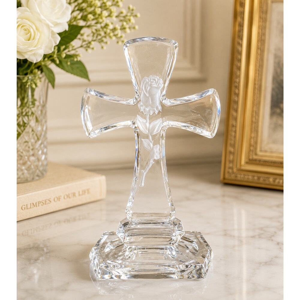 Towle Crystal Cross Frosted Rose Religious Paperweight Figurine 8”